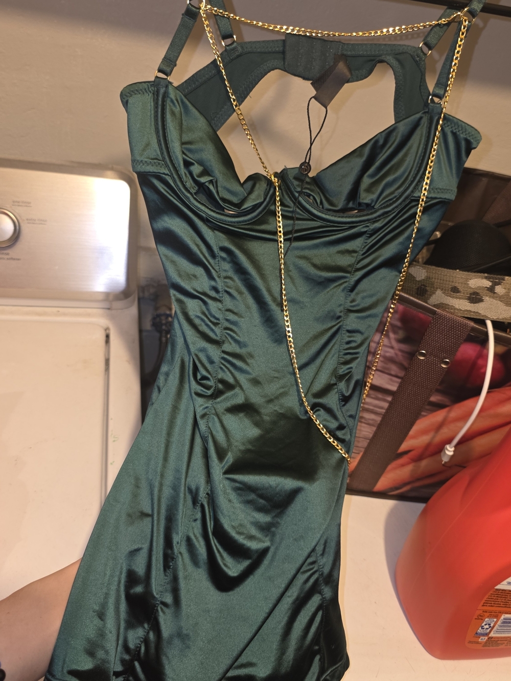 Elegant Emerald Satin Slip Dress with Chain Detail